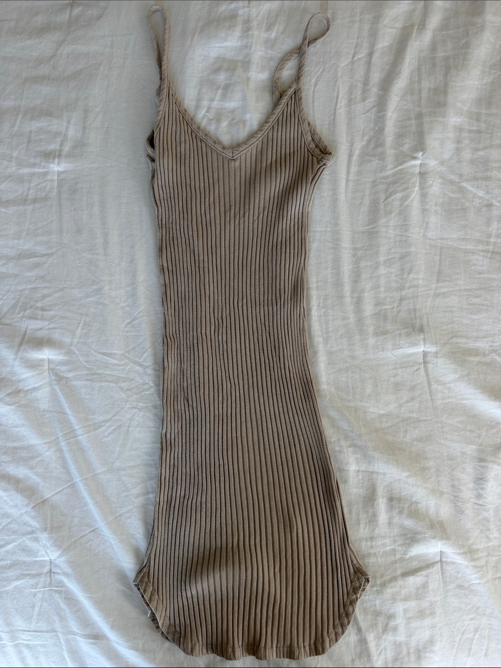 Urban Outfitters Ribbed V-Neck Midi Slip Dress in Taupe